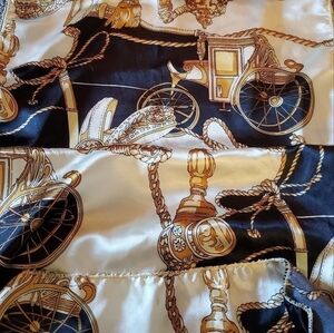 Womens Scarf Coach Carriage Tassel Navy Gold Satin Print Length 54" Width 13"